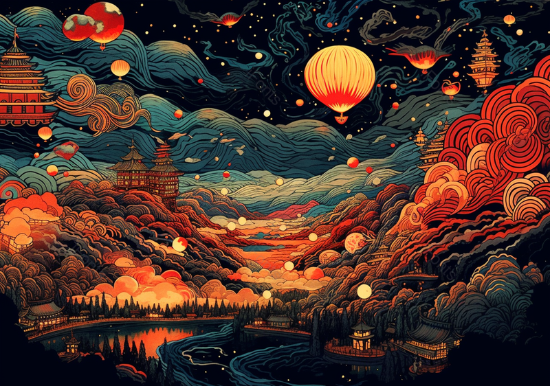夜晚祥云下放孔明灯和古建筑楼阁背景,插画/手绘图,插画/手绘图库,插画/手绘图下载,插画/手绘
